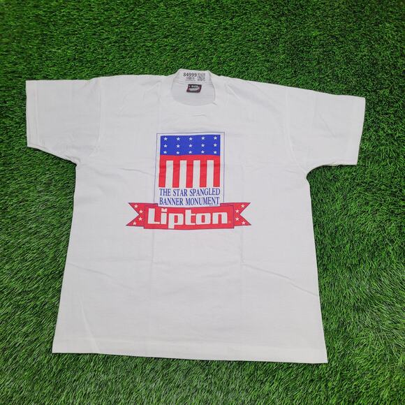 Vintage 90s Lipton Tea Shirt Womens L 21x25 White American Flag - Picture 1 of 14